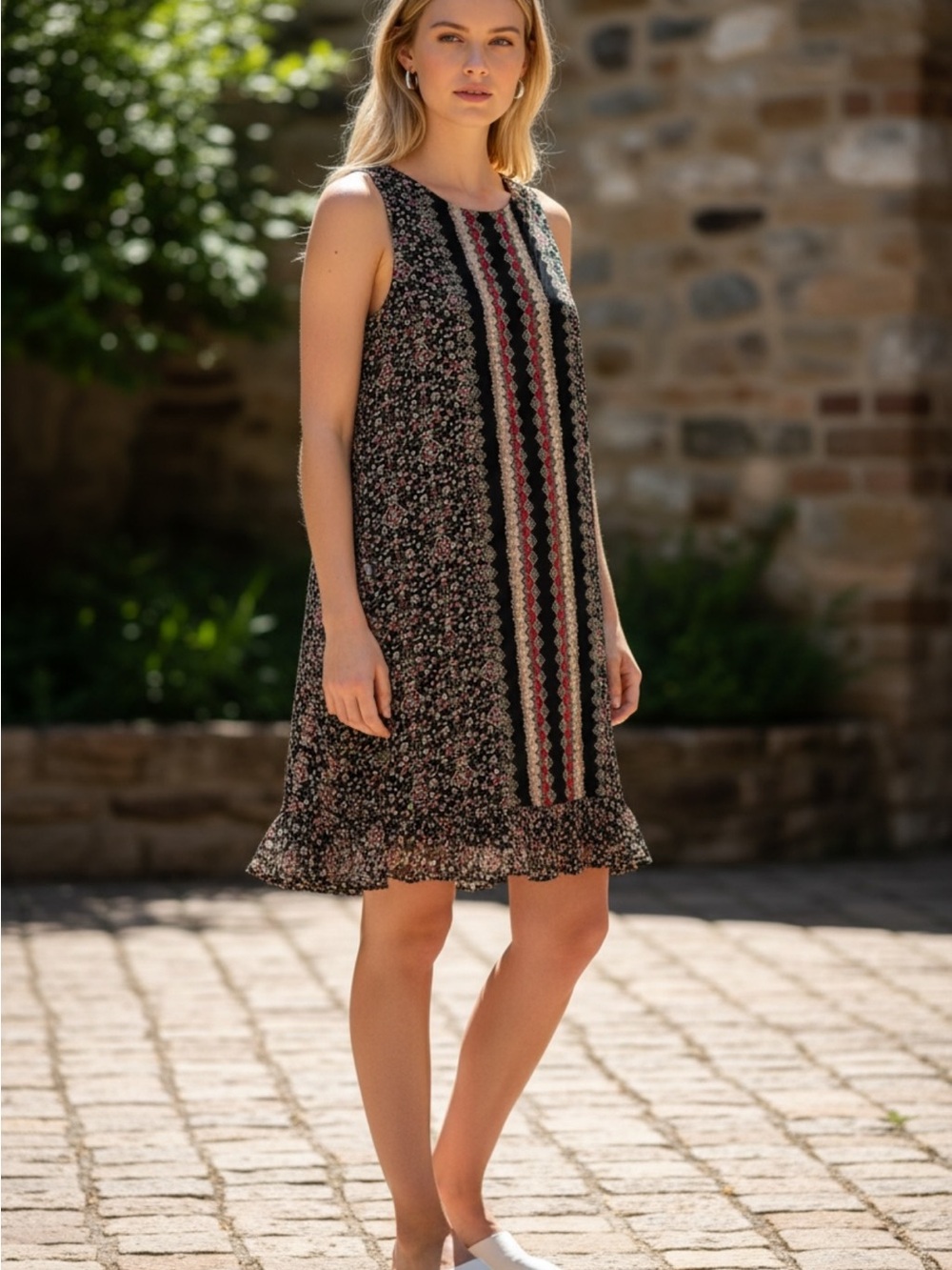 Max Studio Black Floral Midi Dress with Pink and Cream Stripes‎